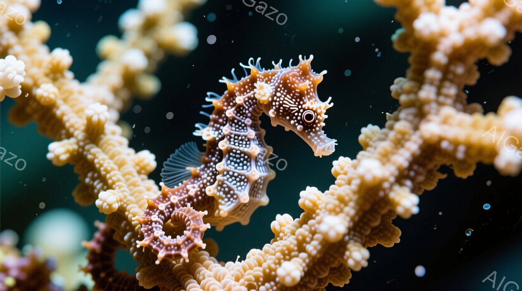 美しい小型のタツノオトシゴが、複雑なオレンジ色のサンゴの枝に絡みついています。その体は細かく模様が描かれ、優雅な曲線を描き、まるでサンゴの一部のように溶け込んでいます。背景は深い青色で、ぼやけており、タツノオトシゴとサンゴが際立っています。