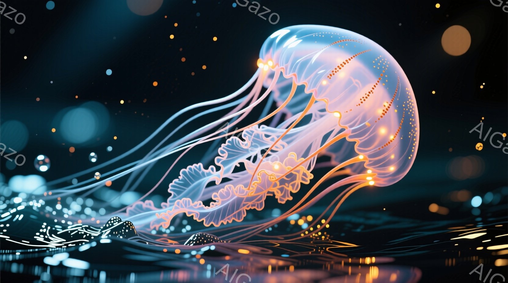 鮮やかなオレンジと青色の発光するクラゲが、暗い海中を漂っている様子が描かれている。クラゲの触手は繊細で、まるで光の筋のようであり、全体的に幻想的で神秘的な雰囲気を醸し出している。背景にはぼやけた光の粒が散りばめられており、さらに幻想的な空間を作り出している。