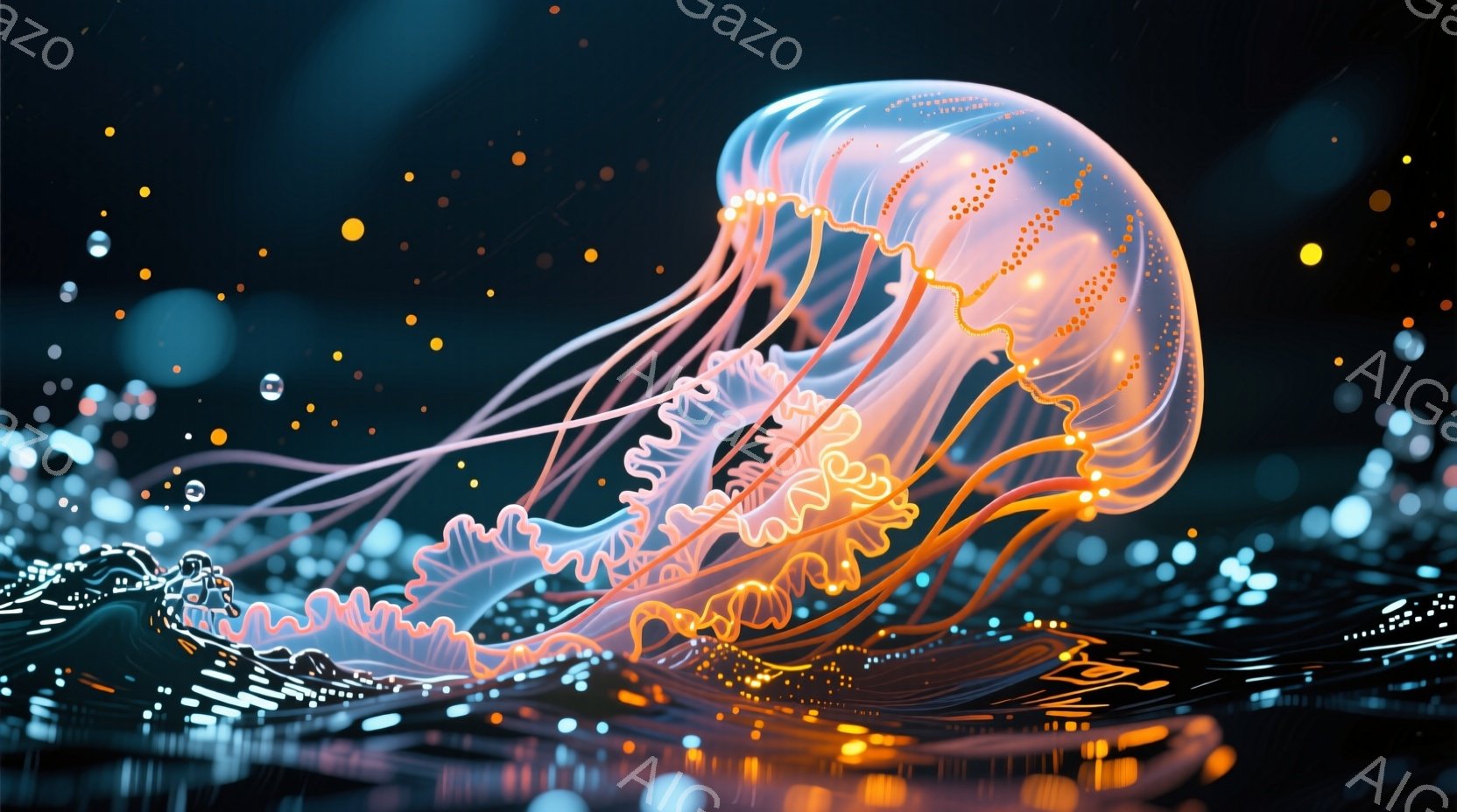 鮮やかなオレンジと水色の光を放つ巨大なクラゲが、暗い背景に浮かび上がっています。クラゲの体は半透明で、複雑な模様と内部の光が幻想的な雰囲気を醸し出しており、まるでデジタル空間に存在する生命体のようです。背景には、ぼやけた光の粒子や線が散りばめられ、クラゲの神秘的な輝きをさらに際立たせています。