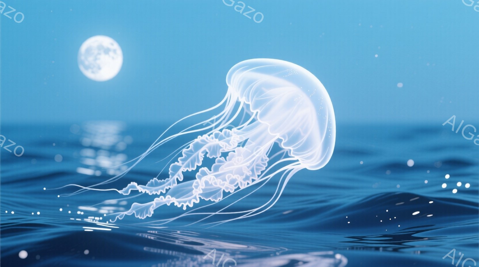 青い海の中に、光り輝くクラゲが漂っている。月明かりが海面を照らし、波の反射がキラキラと輝き、幻想的な雰囲気を醸し出している。クラゲの繊細な形状と光のコントラストが、神秘的な美しさを際立たせている。