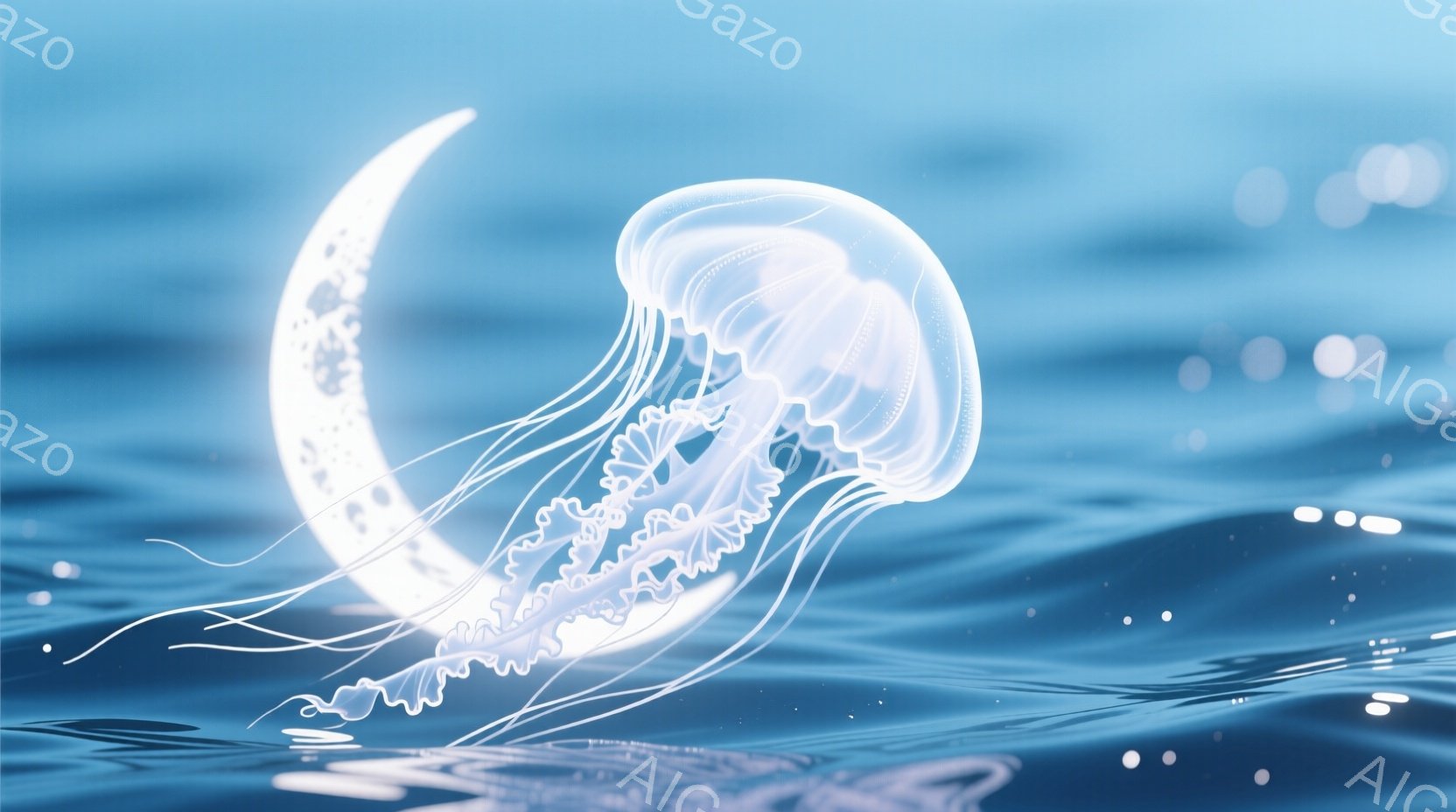 鮮やかな青い海の中に、光り輝くクラゲが優雅に漂っている。背景にはぼんやりと月が浮かび、水面には小さな光の粒が煌めき、幻想的な雰囲気を醸し出している。クラゲの半透明の体は繊細な模様を持ち、その動きは静か - AI生成フリー素材