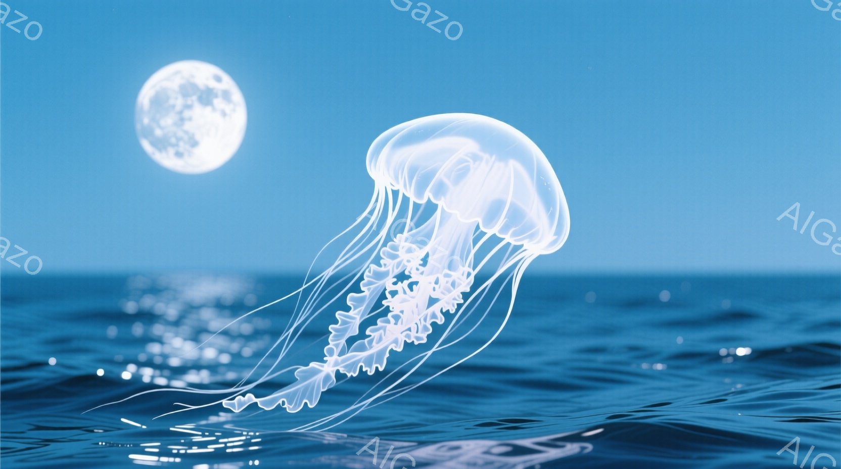 紺碧の海面に、半透明のクラゲが優雅に漂っている。満月が海面を照らし、クラゲの繊細なシルエットと、海面のきらめきを際立たせている。静かで幻想的な雰囲気が漂い、夜の海中の神秘的な光景を思わせる。