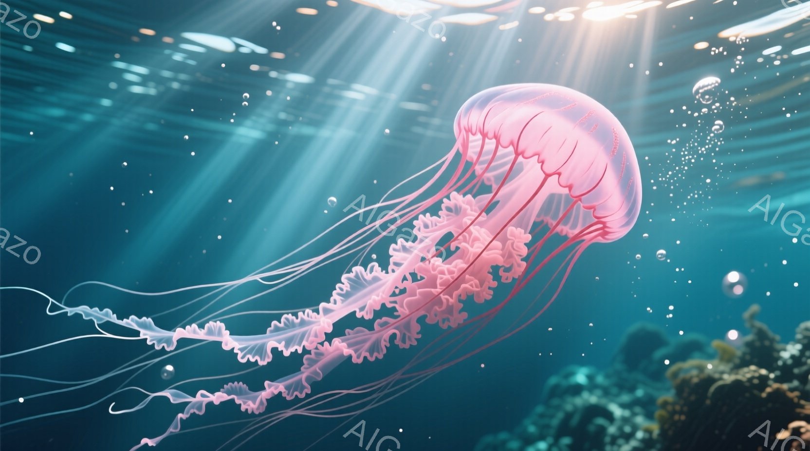 鮮やかなターコイズブルーの海中に、ピンク色のクラゲが優雅に漂っている。その半透明の傘は繊細なプリーツ模様で覆われ、長い触手がゆらゆらと波に揺れている。背景には海藻や岩が見え、光が差し込み、幻想的な雰囲気を醸し出している。