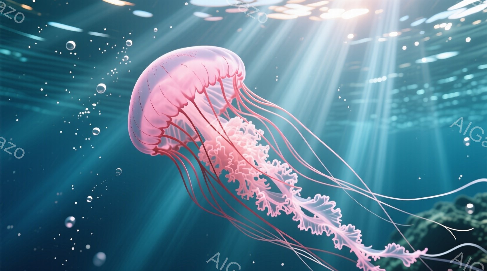 淡いピンク色のクラゲが、青く輝く水中を優雅に漂っている。繊細な触手はまるでレースのように広がり、光の筋が水面から差し込み、幻想的な雰囲気を醸し出している。背景は暗く、水中の浮遊物と光が織りなすコントラストが、神秘的な深海の世界を連想させる。