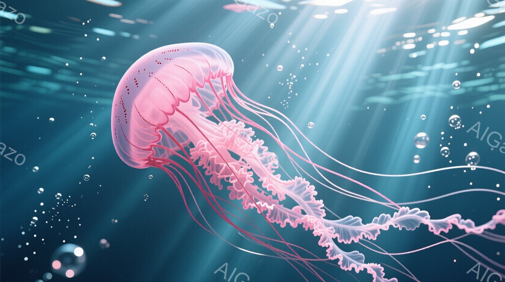 薄いピンク色のクラゲが、深い青色の水中で優雅に漂っている。クラゲの傘は半透明で、繊細な模様が描かれ、多数の細長い触手が優美に水中に広がっている。背景には、水中の光線と小さな泡が散りばめられ、神秘的な雰囲気を醸し出している。