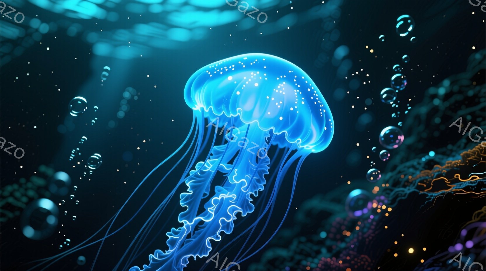 深青色のクラゲが、暗い海中を優雅に漂っている。触手は長く繊細で、まるで光のベールのように広がり、水中に散らばる小さな光点と対照的である。背景には、ぼんやりとした珊瑚礁が見え、幻想的で神秘的な雰囲気を醸 - AI生成フリー素材