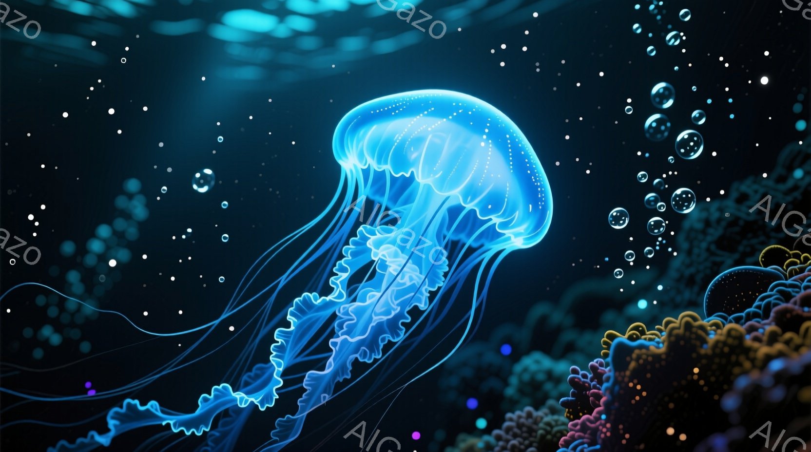 深い青色の海中に、光を放つクラゲが優雅に漂っている。クラゲの傘は繊細な模様で覆われ、長く細い触手が優しく波打っている。背景には、鮮やかな色彩の珊瑚礁が広がり、無数の泡が幻想的な雰囲気を醸し出している。 - AI生成フリー素材