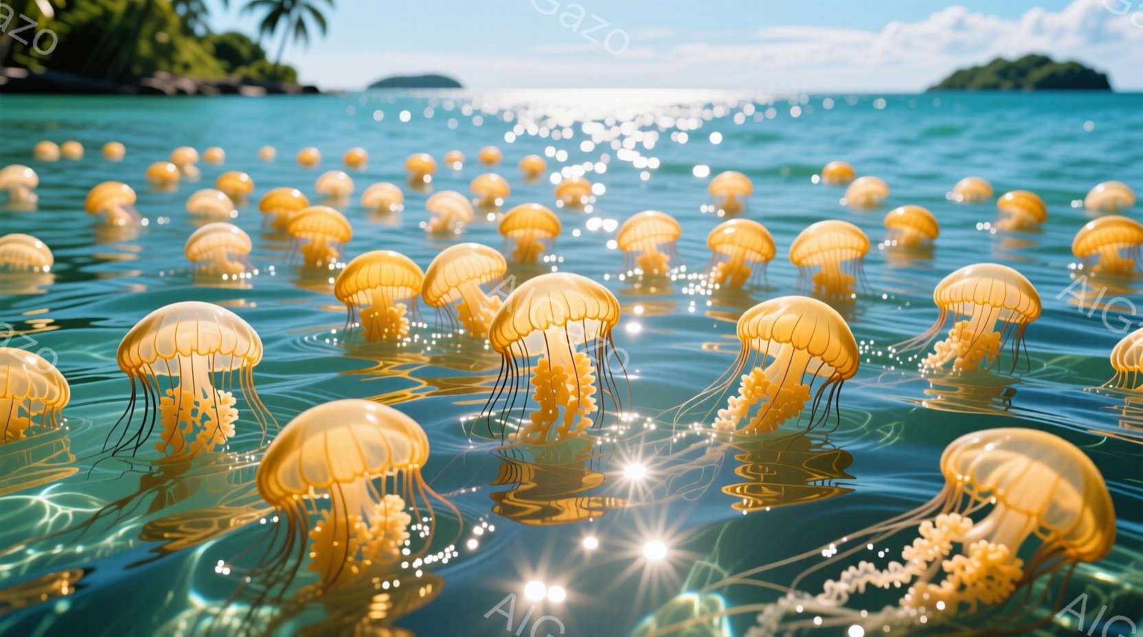 広大な海に無数のオレンジ色のクラゲが漂っており、太陽光が水面で反射してキラキラと輝いている。背景には緑豊かな島々が見え、穏やかな夏の日の平和な雰囲気を醸し出している。水面は穏やかで、クラゲたちはゆった - AI生成フリー素材