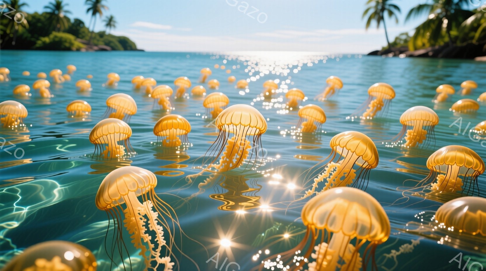 明るい太陽光の下、エメラルドグリーンの海に多数のオレンジ色のクラゲが漂っている様子が描かれている。水面には太陽の光が反射し、キラキラと輝き、クラゲの半透明な体が光を透過して幻想的な雰囲気を醸し出している。背景には緑豊かな島々とヤシの木が見え、穏やかで平和な夏の日の光景を思わせる。