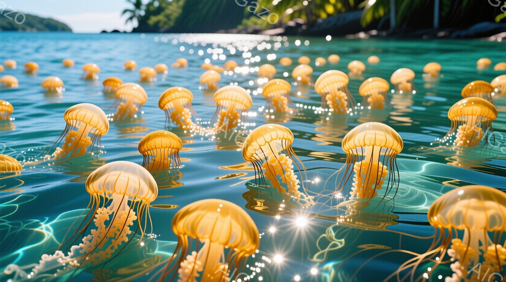 鮮やかなエメラルドグリーンの海に、無数のオレンジ色のクラゲが浮かんでいます。クラゲは半透明で、内側から光を放ち、水面をきらめかせ、幻想的な雰囲気を醸し出しています。背景には緑豊かな山々と青い空が見え、穏やかで美しい自然の風景が広がっています。