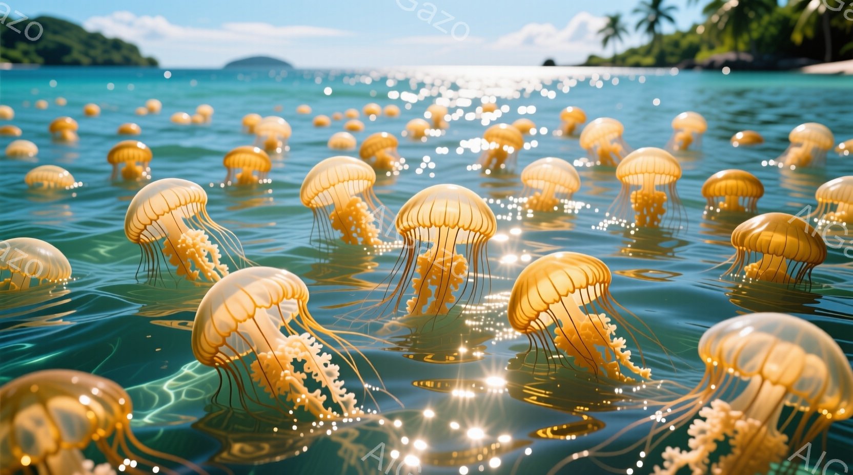 多数の黄色のクランジェットが水面上を泳ぎ、海水池の中で日光が散りばめる、リラックスした雰囲気の自然景観。