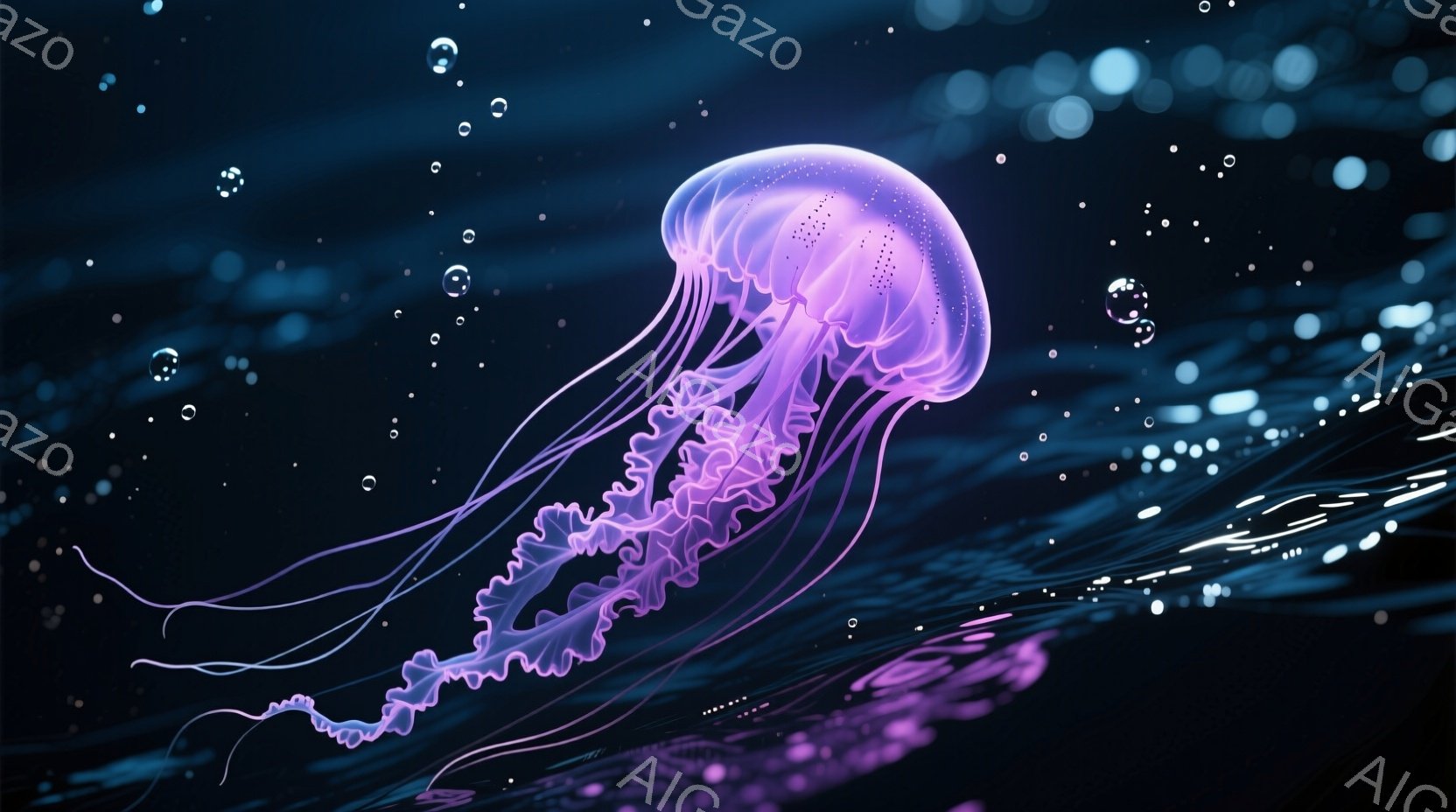 深い青色の背景に、淡い紫色のクラゲが優雅に漂っている。クラゲの傘は複雑な模様で覆われ、触手は長く繊細で、光を反射して輝いている。背景にはぼやけた光の粒が散りばめられており、幻想的で神秘的な雰囲気を醸し - AI生成フリー素材