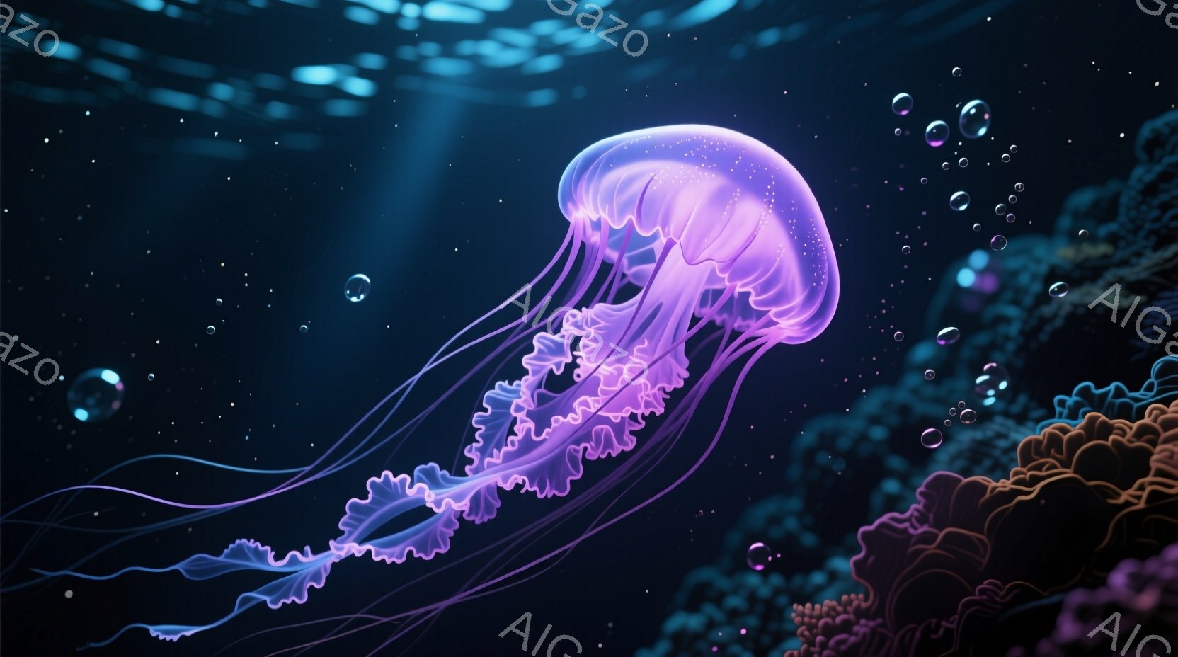 深い青色の海中を、発光するピンク色のクラゲが優雅に漂っている。背景には、オレンジ色の珊瑚礁がぼんやりと見え、小さな泡が舞い上がって幻想的な雰囲気を醸し出している。光の加減とクラゲの色彩が合わさり、神秘 - AI生成フリー素材