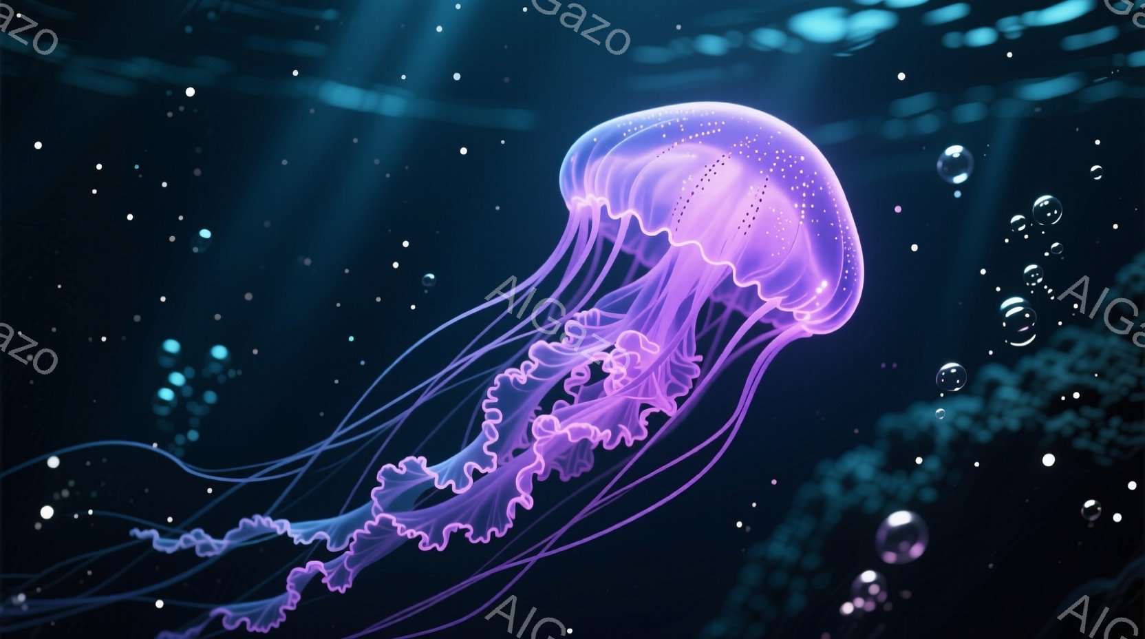 深い青色の海中に、発光する紫色のクラゲが優雅に漂っている。クラゲの傘は半透明で、内部には微細な光の粒子が散りばめられ、長い触手が繊細な波紋を描きながら水面を漂っている。背景にはぼんやりとした光の粒子が散りばめられ、幻想的で神秘的な雰囲気を醸し出している。