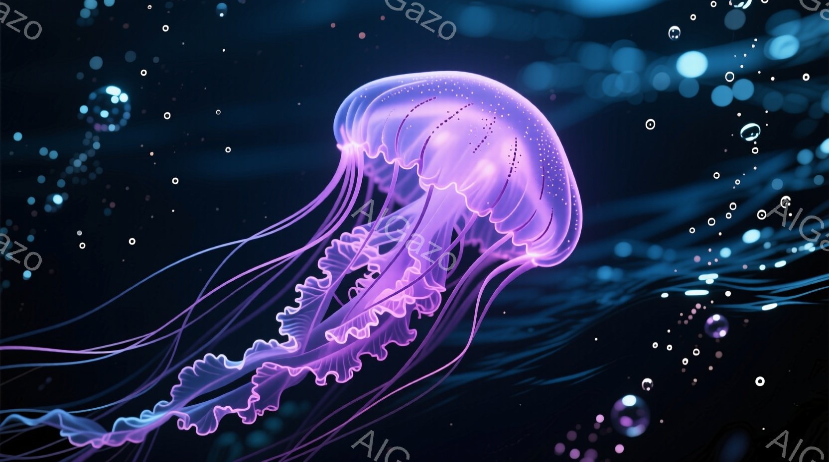 深い青色の背景に、発光する紫色のクラゲが優雅に漂っている。クラゲの傘は半透明で、複雑な模様が浮かび上がり、触手は長く繊細で、光を放ちながら水中で揺れている。背景にはぼやけた青い光の粒子が散りばめられ、 - AI生成フリー素材