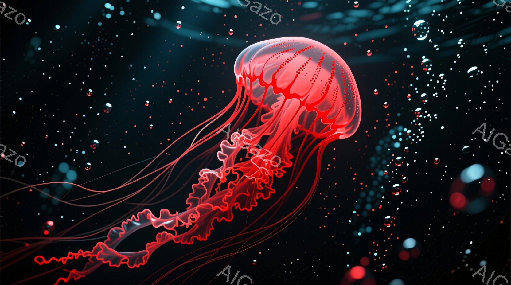 深い黒色の背景に、鮮やかな赤色のクラゲが浮かび上がっています。クラゲの傘は半透明で、内部には小さな赤い斑点があり、多数の細い触手が優雅に広がっています。背景にはぼんやりとした赤い光点が散りばめられ、幻 - AI生成フリー素材