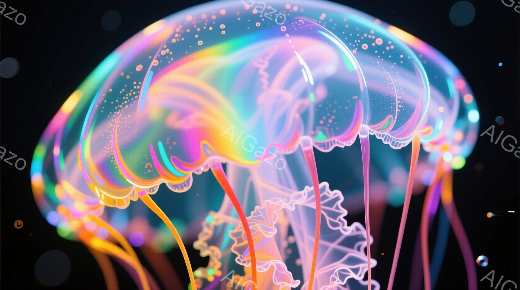 鮮やかな色彩が渦巻く、まるで深海に漂うクラゲのような幻想的な光の塊が描かれている。ピンク、オレンジ、水色、紫などが混ざり合い、複雑な模様を作り出し、半透明な素材が光を透過している。背景は暗く、ぼんやりとした光点が散りばめられており、神秘的で夢幻的な雰囲気を醸し出している。