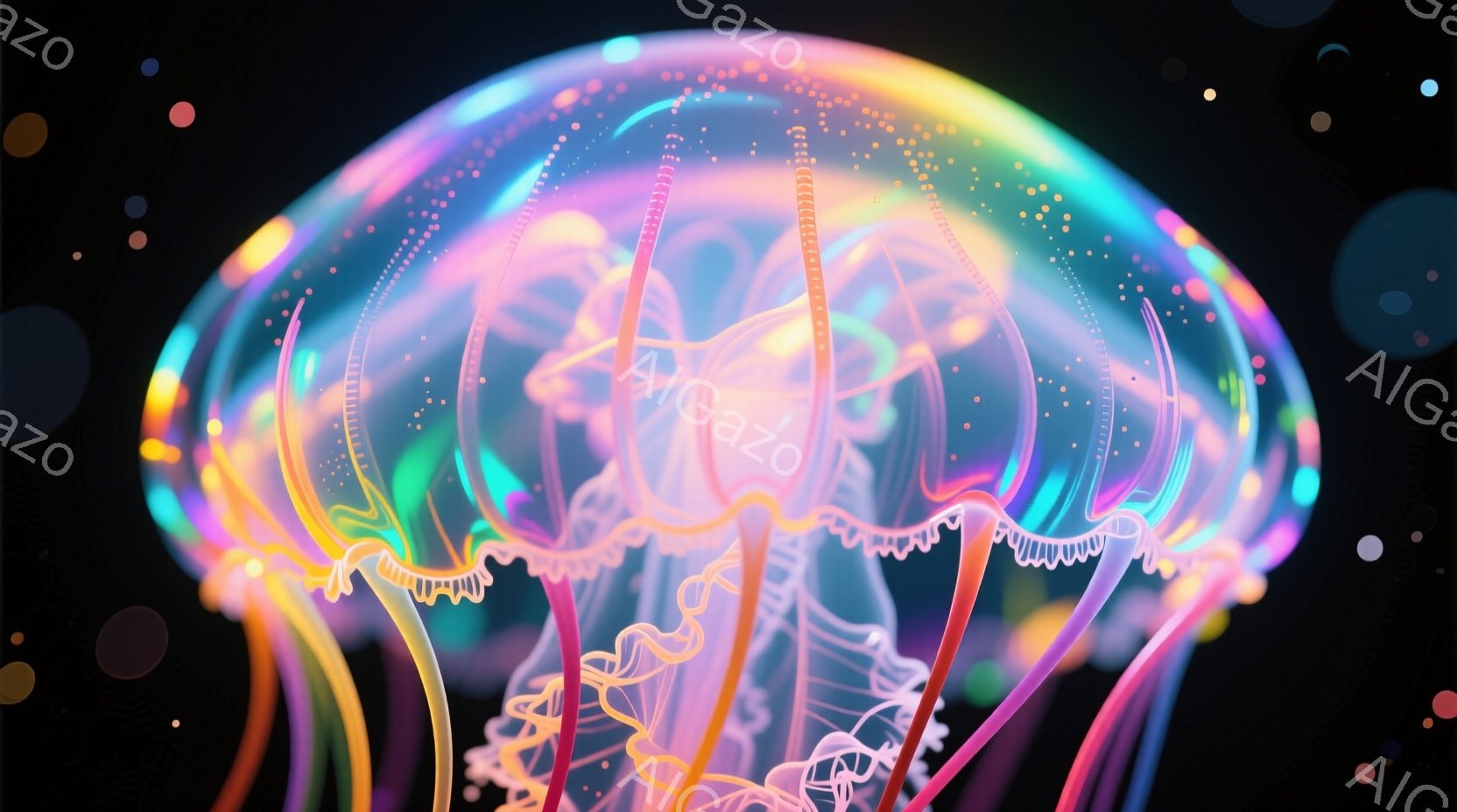 鮮やかな色彩のクラゲが、暗い背景に浮かび上がっています。触手はピンク、オレンジ、紫、青といった様々な色で構成され、まるで光り輝く宝石のようです。背景にはぼんやりとした光の粒子が散りばめられており、幻想的で神秘的な雰囲気を醸し出しています。