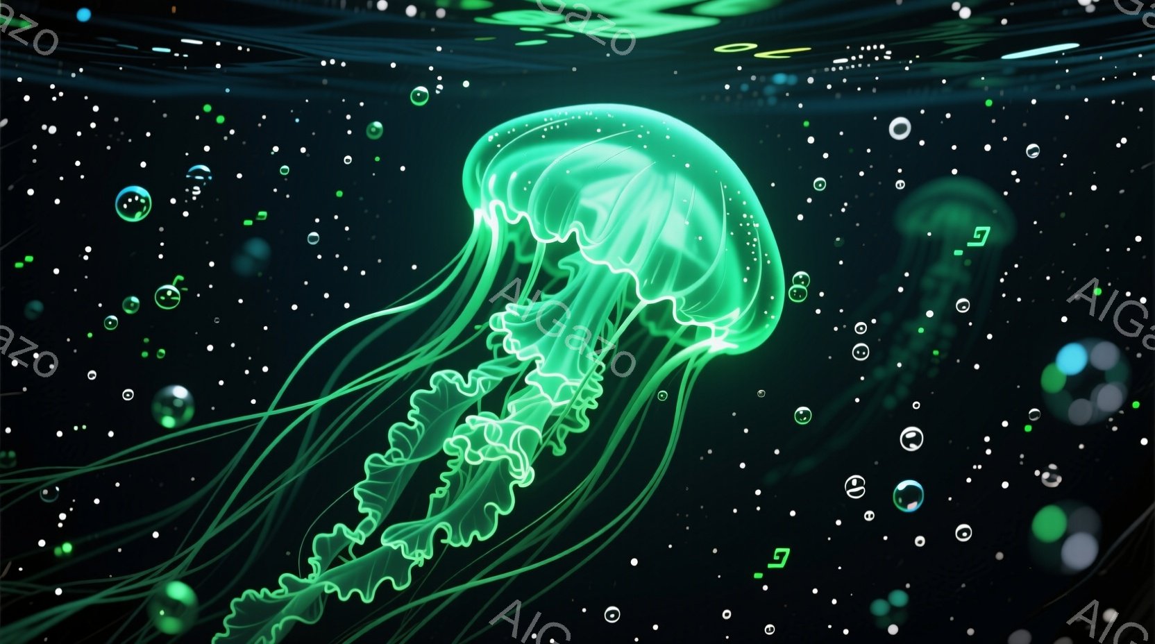 深い暗緑色の背景に、発光するクラゲが漂っている様子が描かれている。クラゲは半透明で、内部に淡い緑色の光を湛え、触手は細かく繊細に表現されている。周囲には、様々な大きさの光る球体が散りばめられており、幻想的で深海のような雰囲気を醸し出している。