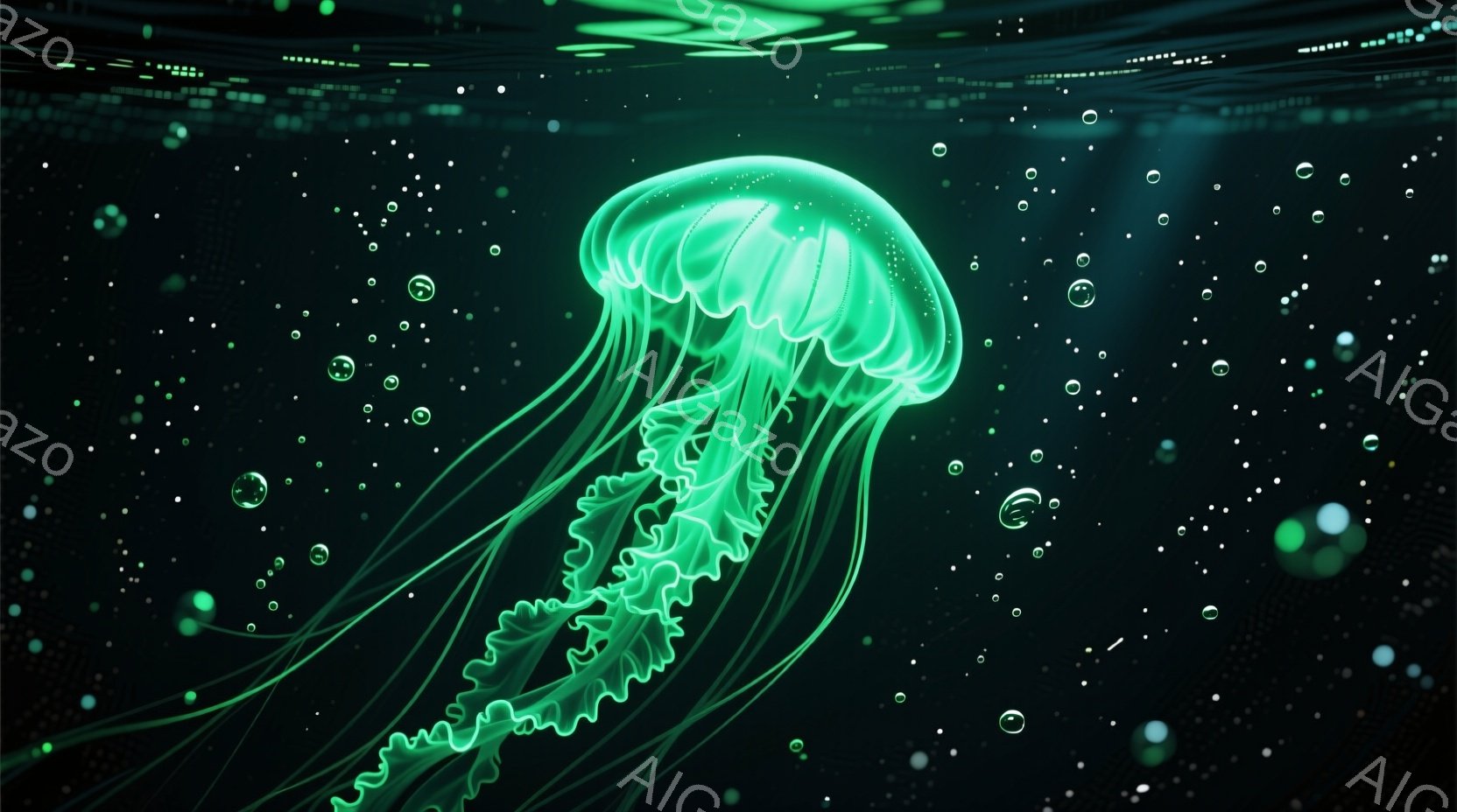 鮮やかな緑色のクラゲが、暗い水中に浮かんでいます。半透明の傘のような体からは、細く長い触手が優雅に垂れ下がっており、まるで水中を舞う妖精のようです。背景には、小さな緑色の光の粒子が散りばめられ、神秘的で幻想的な雰囲気を醸し出しています。