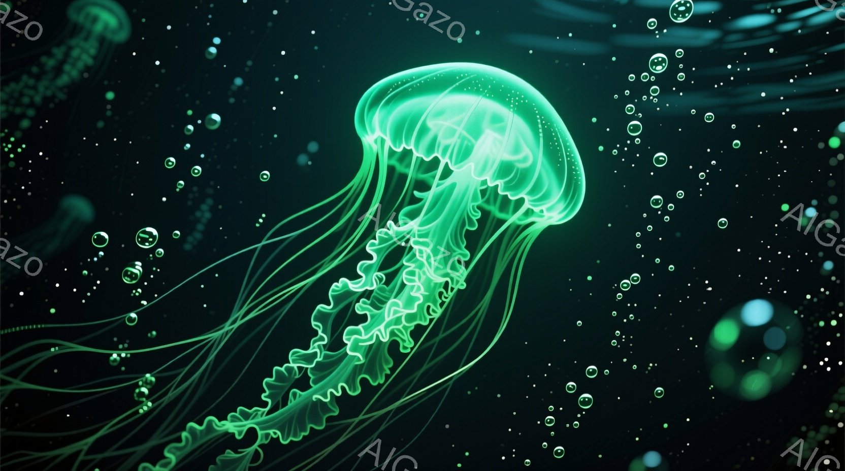 深緑色の背景に、発光するクラゲが複数漂っている様子が描かれている。クラゲは半透明で、繊細な触手が長く伸び、その光が水中で幻想的な輝きを放っている。全体的に神秘的で、深い海の静寂と生命の美しさを感じさせ - AI生成フリー素材