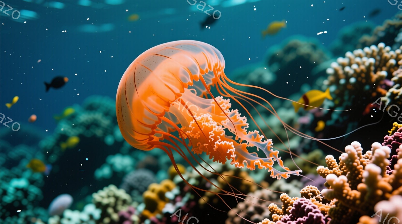 鮮やかなオレンジ色のクラゲが、珊瑚礁の中で優雅に漂っている。周りには小さな熱帯魚が点在し、珊瑚の複雑な形と色がクラゲの鮮やかさを引き立てている。全体的に、暖かく、穏やかで、生命力に満ちた海の雰囲気が感じられる。