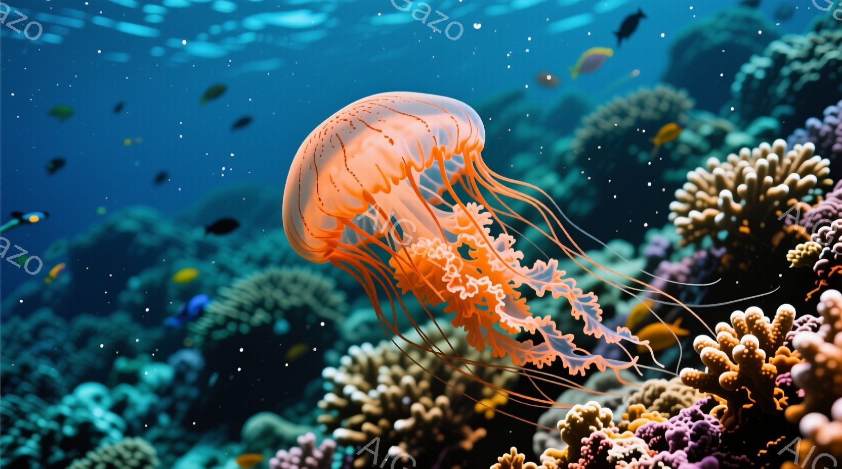 広大な海中に、鮮やかなオレンジ色のクラゲが優雅に漂っている。背景には、様々な色とりどりのサンゴ礁が広がり、小さな魚たちが点在し、生命力に満ちた水中世界を表現している。全体的に、暖かく穏やかな雰囲気が漂 - AI生成フリー素材