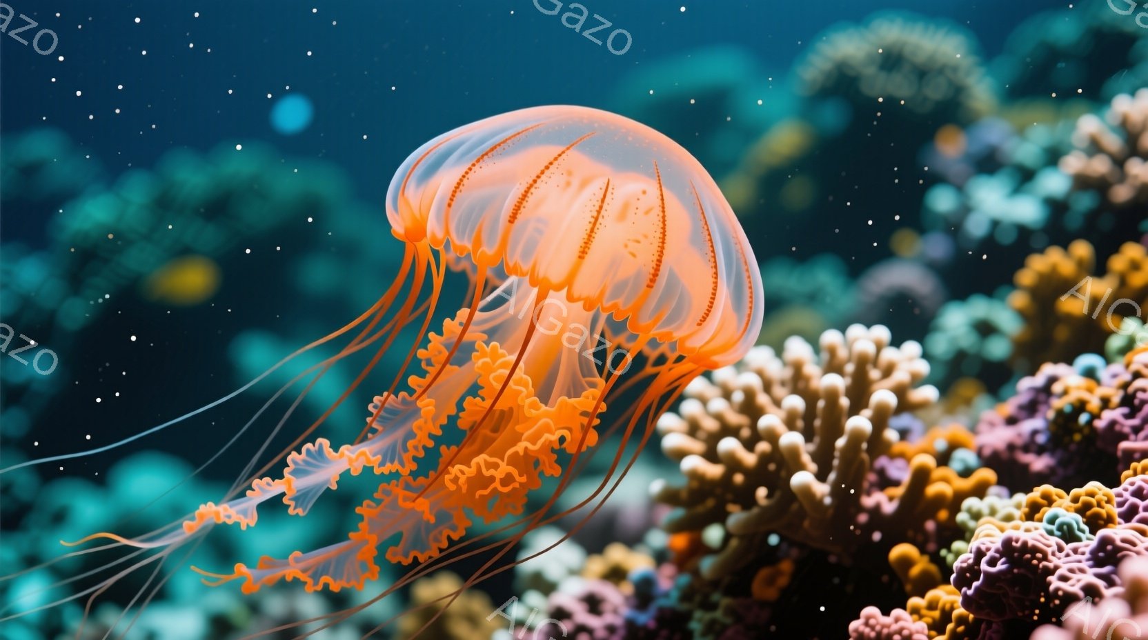 深い青色の海中には、オレンジ色のクラゲが優雅に漂っている。周りには、色とりどりのサンゴ礁が広がり、クラゲの透明な身体とのコントラストが美しい。全体的に幻想的で穏やかな雰囲気であり、水中の生命の神秘を感じさせる。