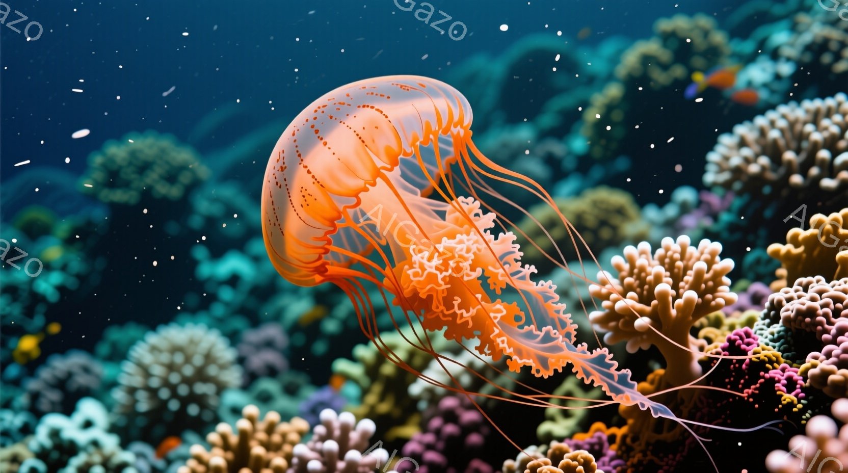 鮮やかなオレンジ色のクラゲが、色とりどりのサンゴ礁の中で優雅に漂っている。クラゲの傘は半透明で、繊細な触手が長く伸び、まるで水中を舞う花のように見える。背景には、緑や紫、ピンクなど様々な色のサンゴが密集し、まるで幻想的な水中庭園のようである。