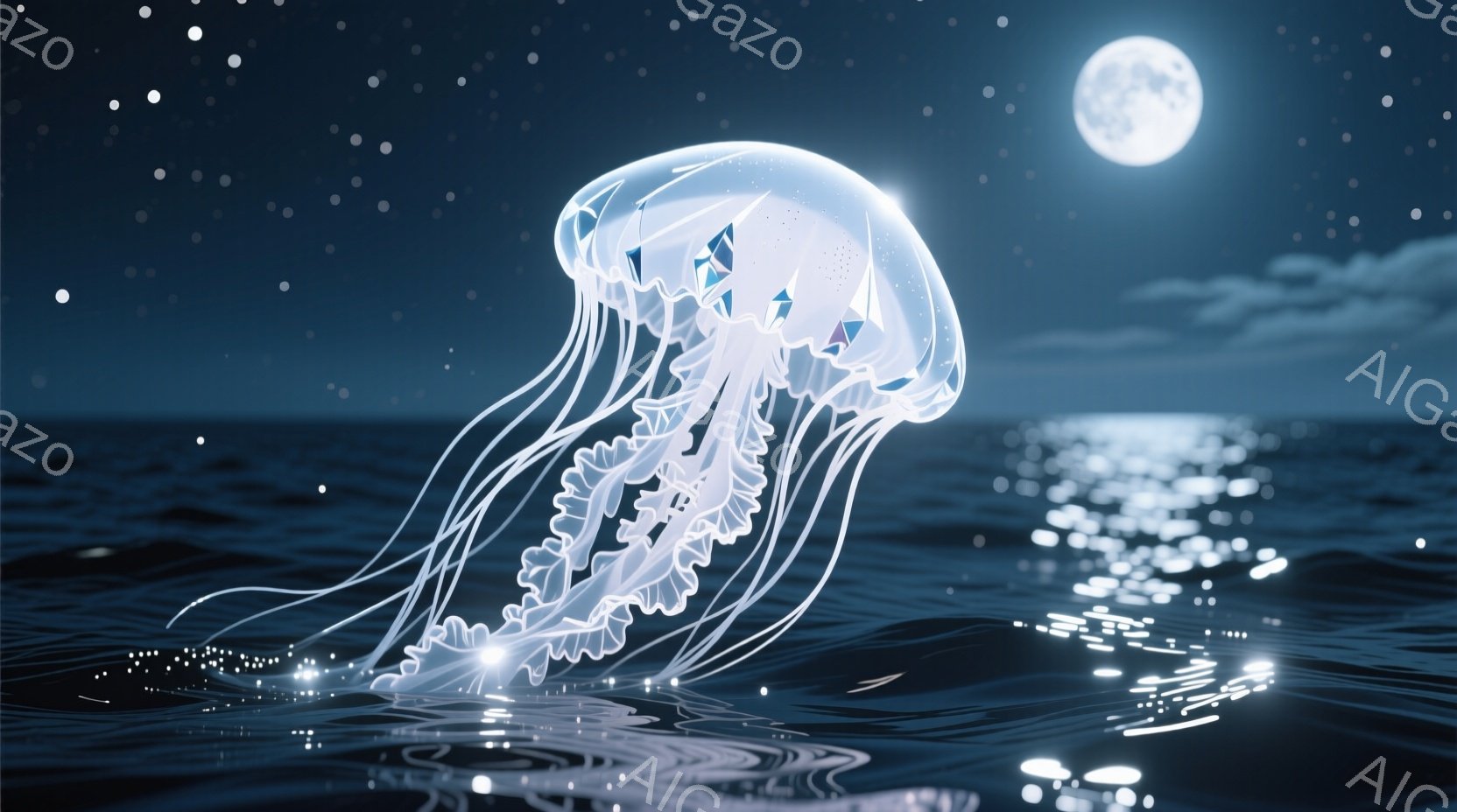 深夜の海に、光り輝く巨大なクラゲが漂っている。クラゲの傘部は複雑な模様で飾られ、触手は繊細に波紋を描いている。月明かりが海面を照らし、その反射が幻想的な光の道を作り出している。 - AI生成フリー素材