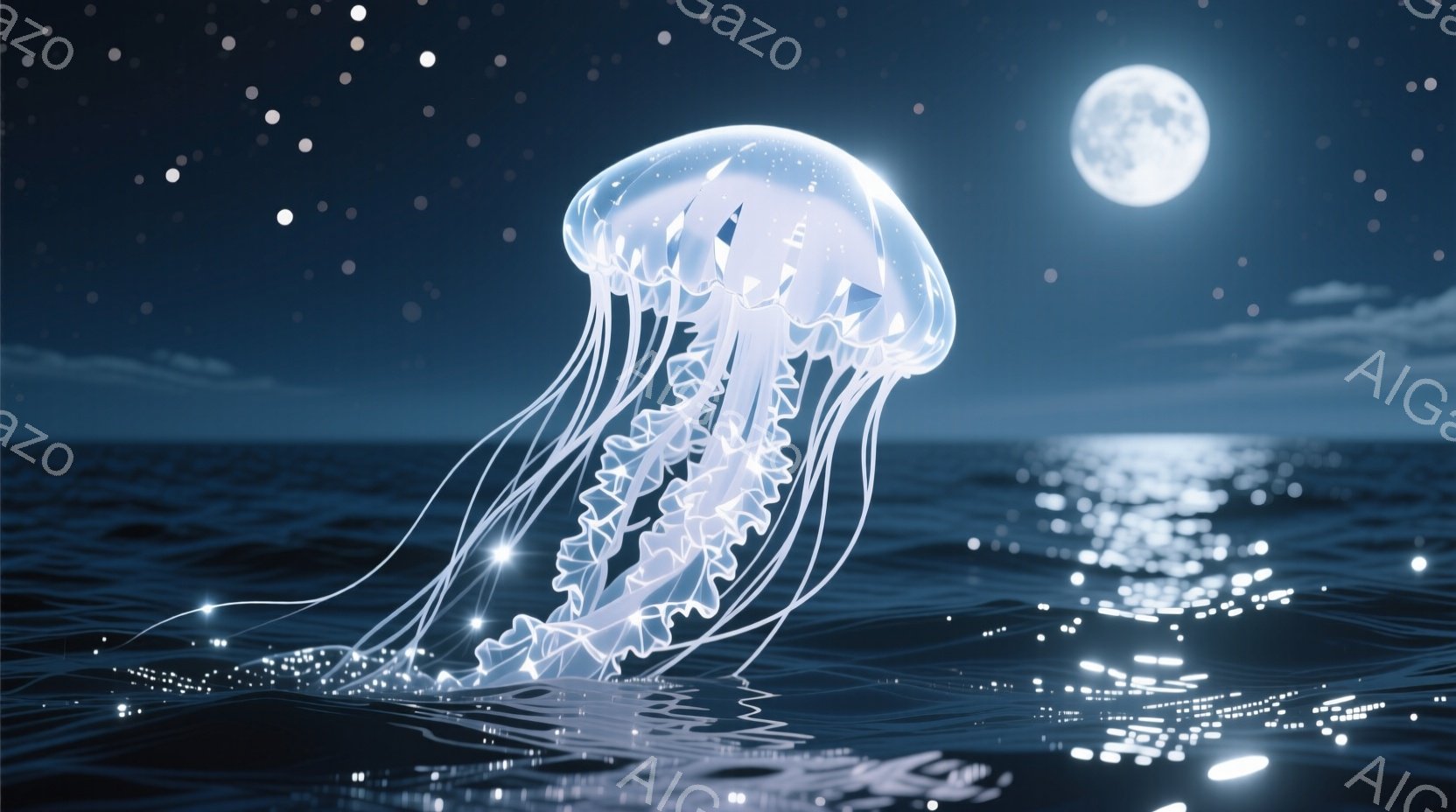 紺碧の海上に、発光する幻想的なクラゲが漂っている。月明かりが水面を照らし、無数の光の粒がクラゲの周囲で煌めき、神秘的な雰囲気を醸し出している。クラゲは透明感があり、その優雅な姿が月の光に照らされて一層 - AI生成フリー素材