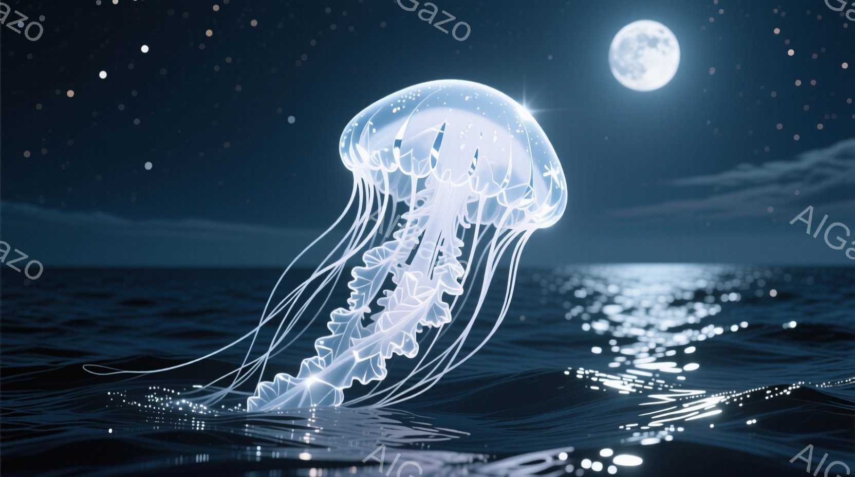夜の海に、発光する幾何学的な模様が施された巨大なクラゲが漂っている。月明かりが海面に反射し、クラゲの輪郭と波紋を照らし出し、幻想的な雰囲気を醸し出している。暗い海と明るい月光、そして発光するクラゲのコ - AI生成フリー素材