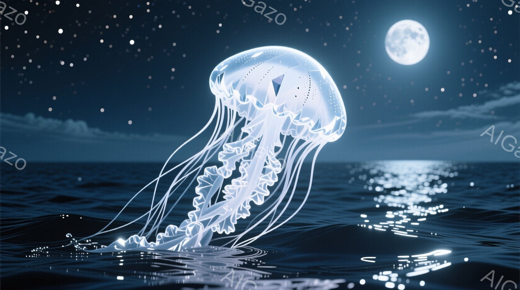 深い青色の海面に発光する、三角形の構造を持つ半透明のクラゲが浮かんでいる。月明かりが海面を照らし、水面に反射して光の筋を作り出しており、幻想的な雰囲気を醸し出している。背景には星空が広がり、静かで神秘 - AI生成フリー素材