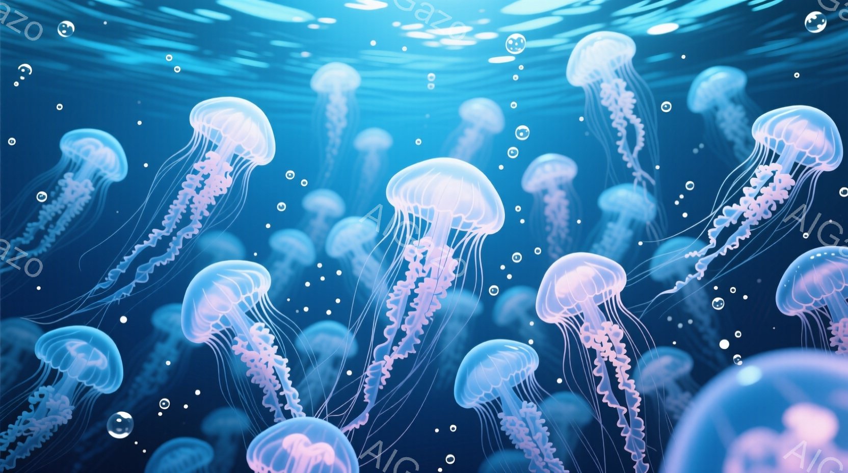 鮮やかな青色の水中を、多数のクラゲが漂っている様子が描かれています。クラゲは半透明で、ピンク色の縁取りが特徴的で、長い触手が優雅に揺れています。背景はさらに深い青色で、光が差し込み、幻想的な雰囲気を醸し出しています。