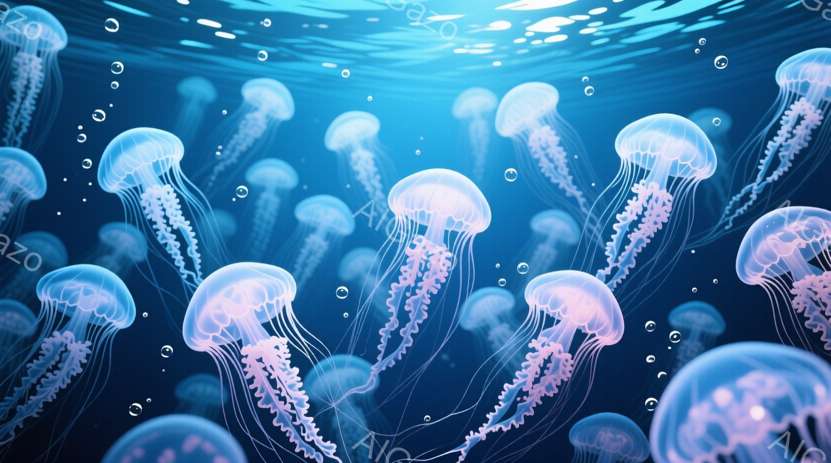 鮮やかな青色の水中には、多数のクラゲが漂っている。クラゲは半透明で、淡いピンク色を帯びており、長い触手が優雅に揺れている。光が差し込み、水中にきらめきを生み出し、幻想的な雰囲気を醸し出している。