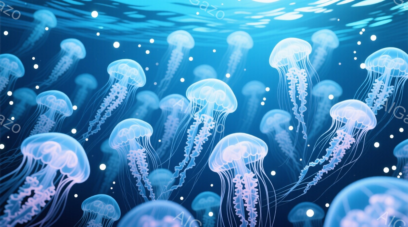 多数のクラゲが青い海中を漂っている様子が描かれている。クラゲは半透明で、触手は長く繊細で、まるで光の糸のようである。背景は濃い青色で、小さな光の粒が散りばめられており、神秘的で幻想的な雰囲気を醸し出している。