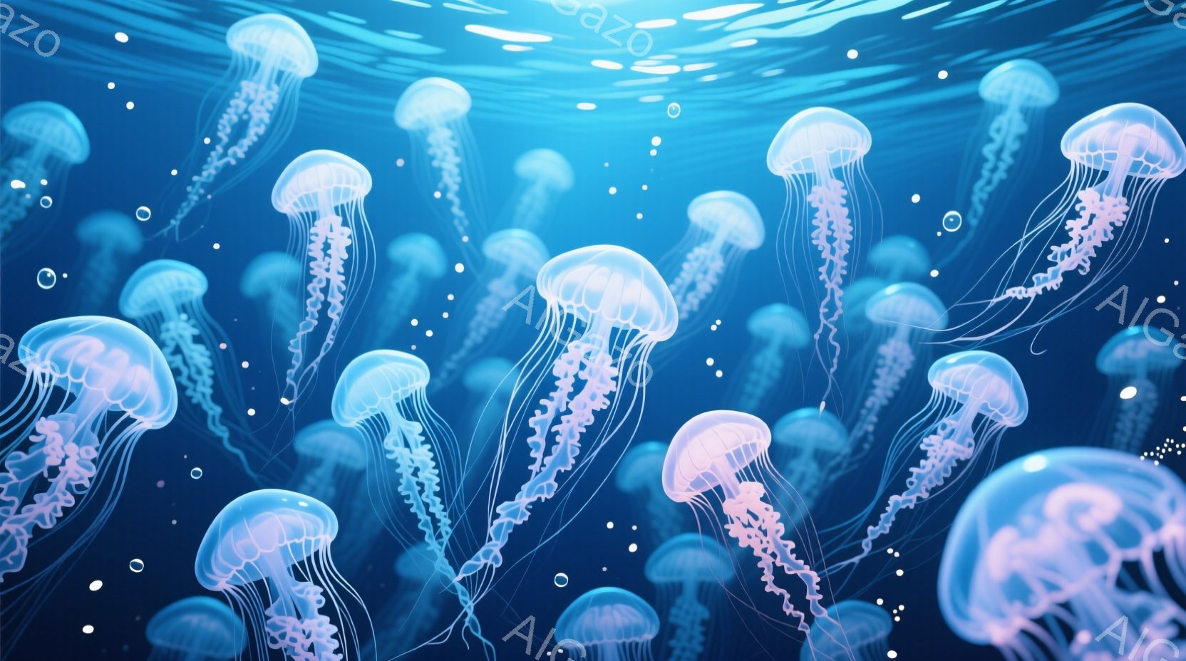 鮮やかな青色の背景に、多数のクラゲが漂っている様子が描かれています。クラゲは半透明で、淡いピンク色の光を帯びており、その繊細な触手が優雅に広がっています。全体的に神秘的で穏やかな雰囲気が漂い、まるで水 - AI生成フリー素材