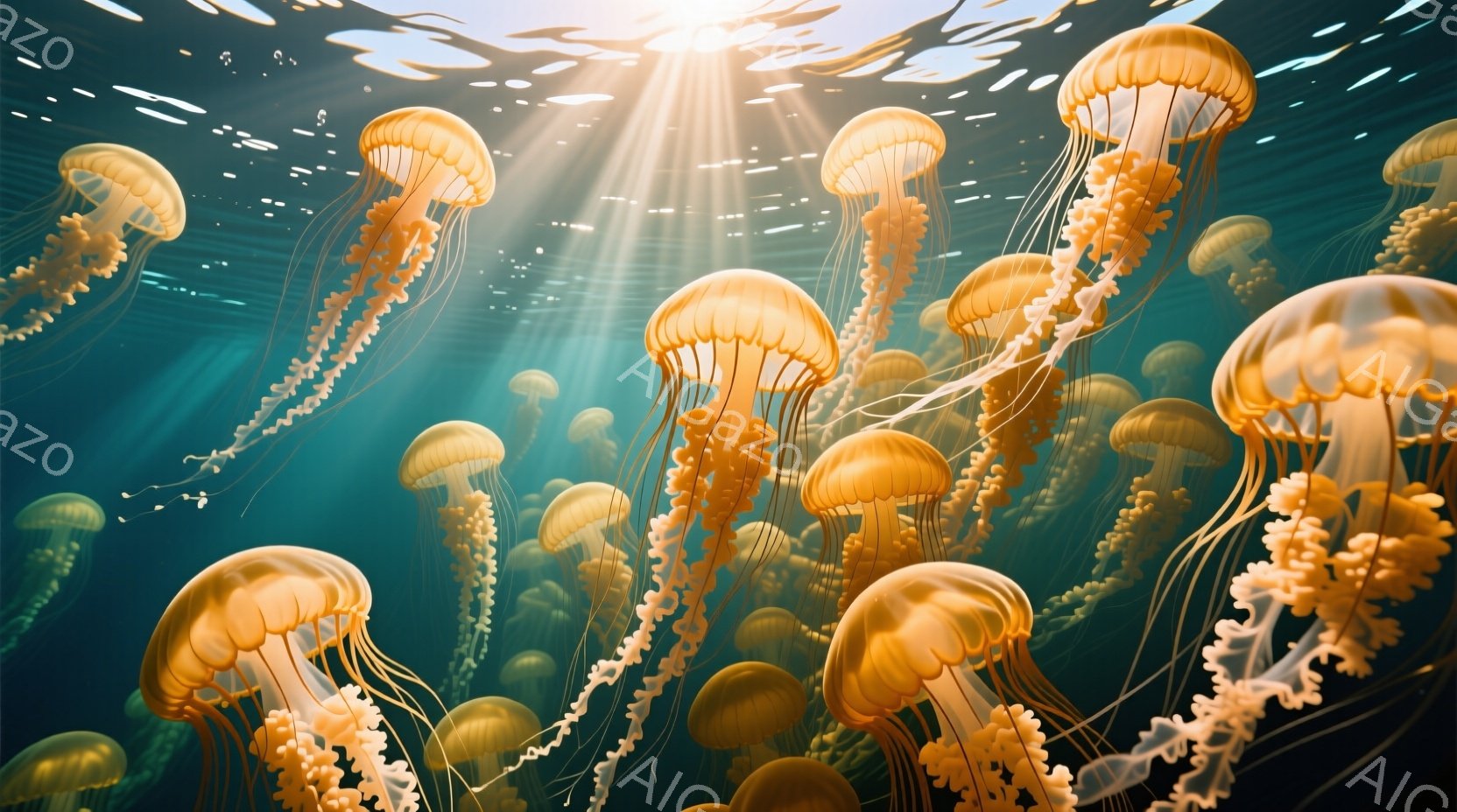 鮮やかなオレンジ色のクラゲが、ターコイズブルーの海中を漂っている様子が描かれている。光線が水面から差し込み、クラゲの半透明な体を照らし出し、幻想的な雰囲気を醸し出している。クラゲの触手は長く繊細で、優雅に水中で揺れている。