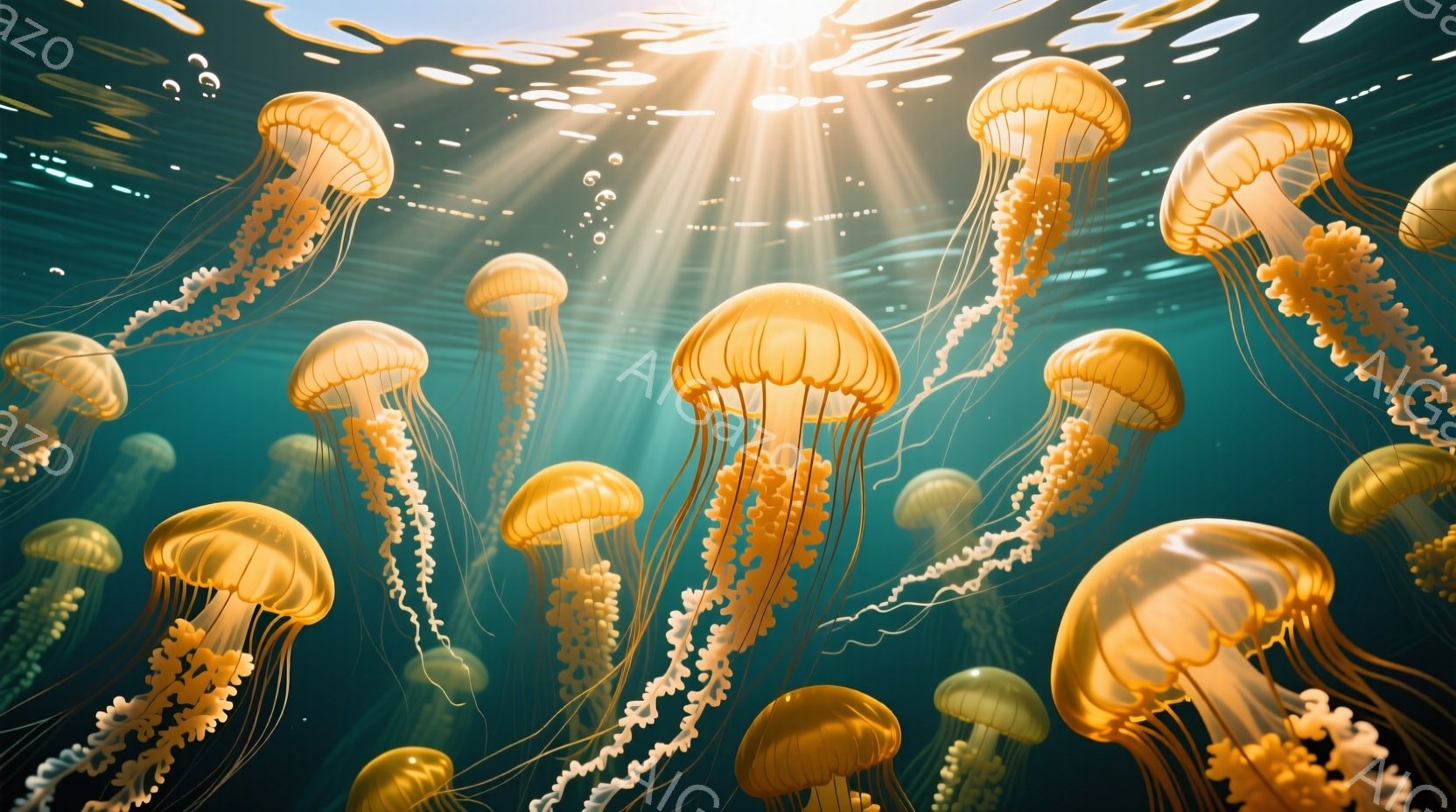 鮮やかなオレンジ色のクラゲが多数、青い水中に漂っている様子が描かれています。クラゲは透明感があり、触手は細長く複雑に絡み合い、光が差し込む水中で美しく輝いています。全体的に神秘的で幻想的な雰囲気を醸し出しており、まるで水中庭園のような印象を与えます。