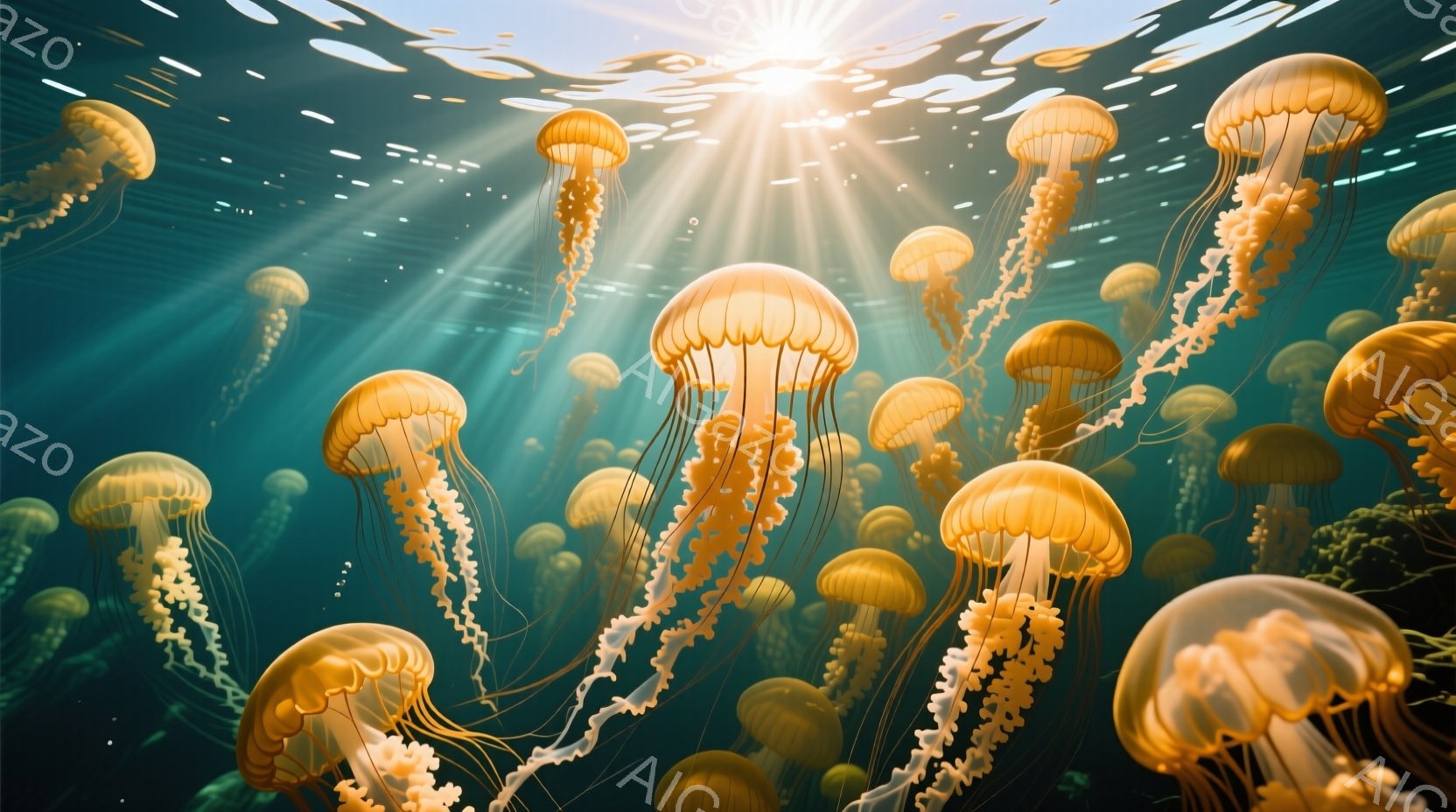 暖色系のクラゲが多数、水中で漂っています。光が差し込み、水面から放射状に光線が伸びており、幻想的な雰囲気を醸し出しています。クラゲの触手は長く、優雅に水中を舞っている様子が表現されています。