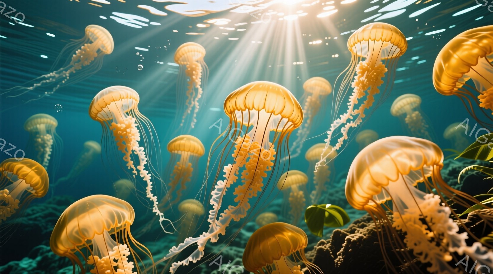 鮮やかなオレンジ色のクラゲが多数、青緑色の海中を漂っている。光線が水面から差し込み、クラゲを照らし出し、神秘的な雰囲気を醸し出している。海藻や岩場がわずかに見え、自然豊かな海中を表現している。 - AI生成フリー素材