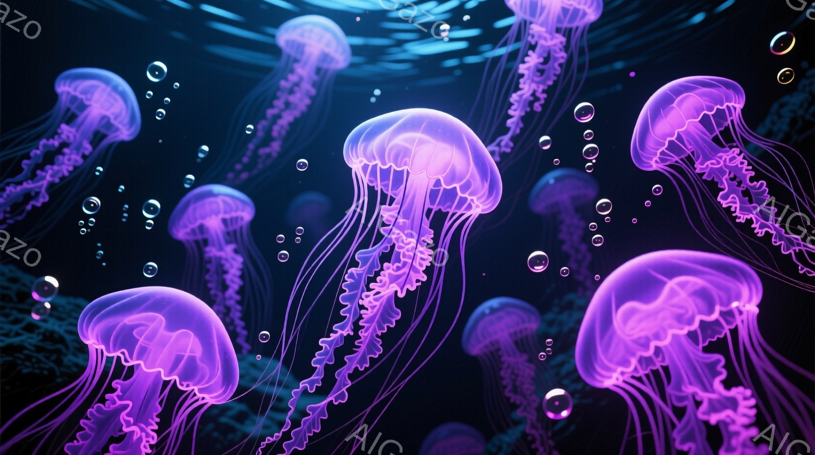 深い青色の背景の中に、発光する紫色のクラゲが多数漂っている様子が描かれている。クラゲの傘は半透明で、触手は細長く、優雅に水中を舞っている。全体的に幻想的で神秘的な雰囲気を醸し出しており、まるで深海にい - AI生成フリー素材