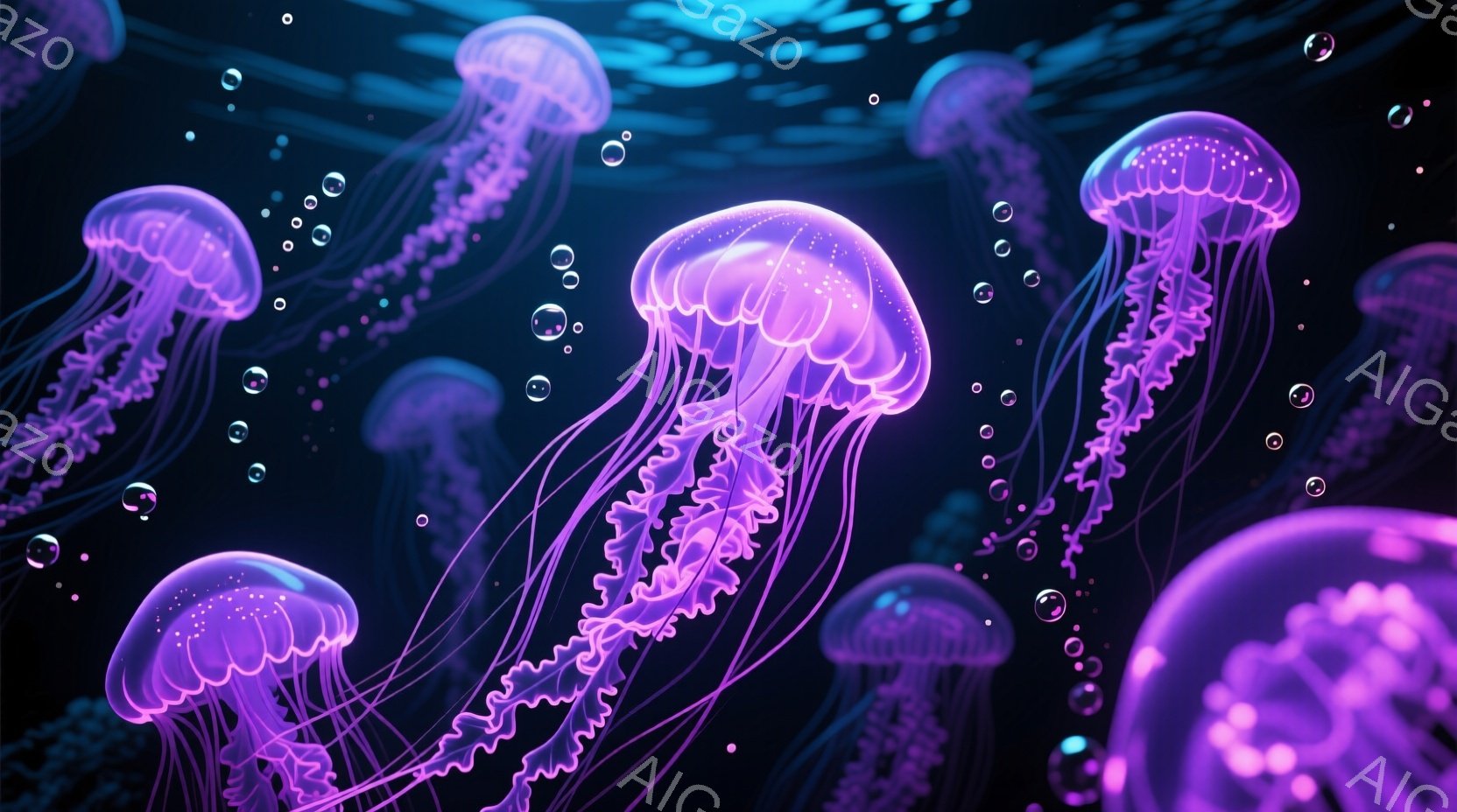 深い黒色の背景に、発光するピンクと紫色のクラゲが多数浮かんでいます。クラゲは半透明で、触手は細かく複雑な模様を描き、まるで光の糸のようです。全体的に幻想的で神秘的な雰囲気があり、水中空間を思わせる泡が - AI生成フリー素材