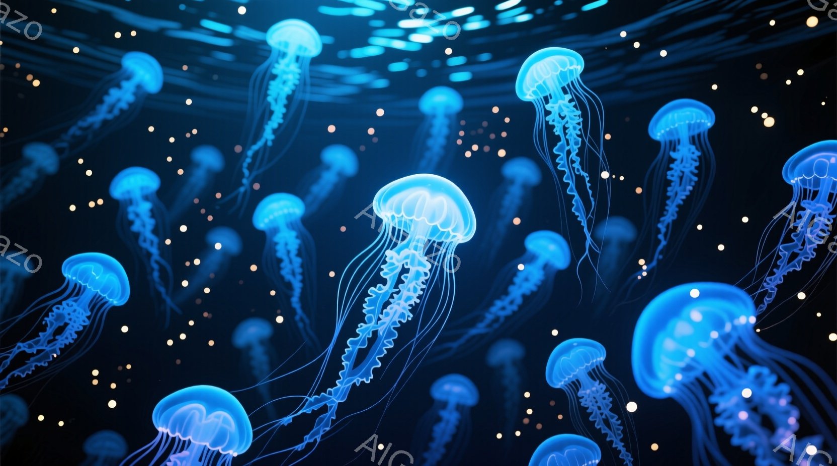 深い青色の背景に、多数の光るクラゲが漂っています。クラゲは半透明で、内部が淡い青色に輝き、細長い触手が優雅に広がっています。背景には微細な光の粒子が散りばめられ、幻想的で神秘的な雰囲気を醸し出しています。