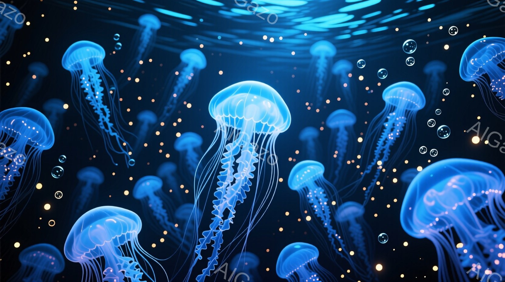 暗い青色の背景に無数のクラゲが漂っています。クラゲは半透明で、青と白の美しいグラデーションを描き、長く優雅な触手を伸ばしています。全体的に幻想的で神秘的な雰囲気で、まるで深海の中にいるような感覚を覚えます。