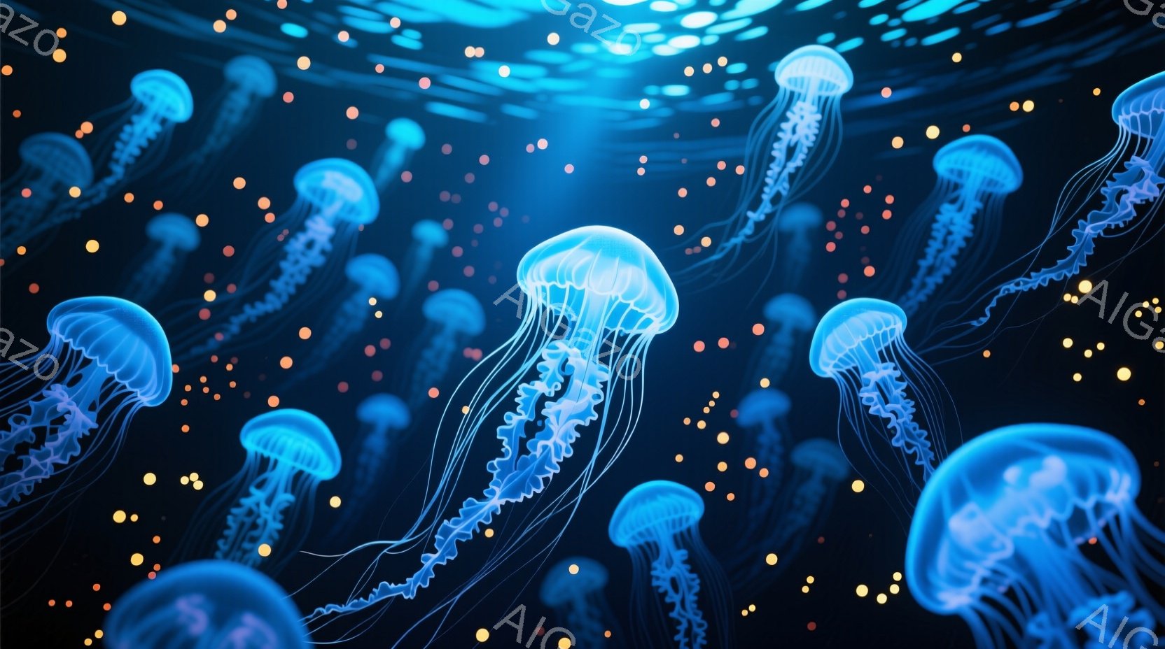 深く暗い背景に、多数の青いクラゲが漂っています。クラゲは半透明で、複雑な触手が長く伸びており、その体はぼんやりとした光を放っています。背景には小さなオレンジ色の光点が散りばめられ、幻想的で神秘的な雰囲気を醸し出しています。