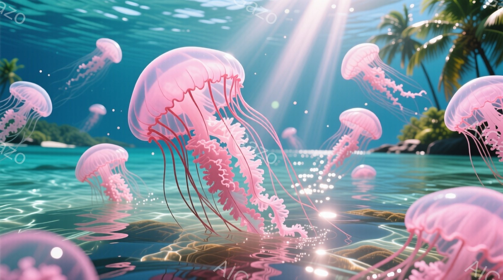 海洋を舞台とする美しい画像です。水中には多数のピンクのイルカが泳いでおり、水面上では白いイルカが水の表面に浮遊しています。背景には綺麗なサンセットがあり、島や海の岸が見えます。夢のようで、穏やかな雰囲 - AI生成フリー素材