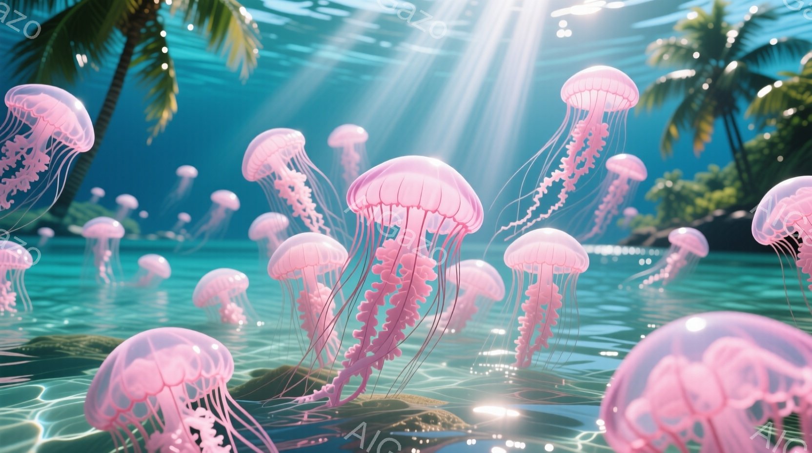 美しいピンク色のクラゲが、穏やかな青い海の中で漂っている様子が描かれています。背景には緑豊かな島々とヤシの木が見え、水面からは太陽の光が差し込み、幻想的な雰囲気を醸し出しています。水中の光の反射とクラ - AI生成フリー素材
