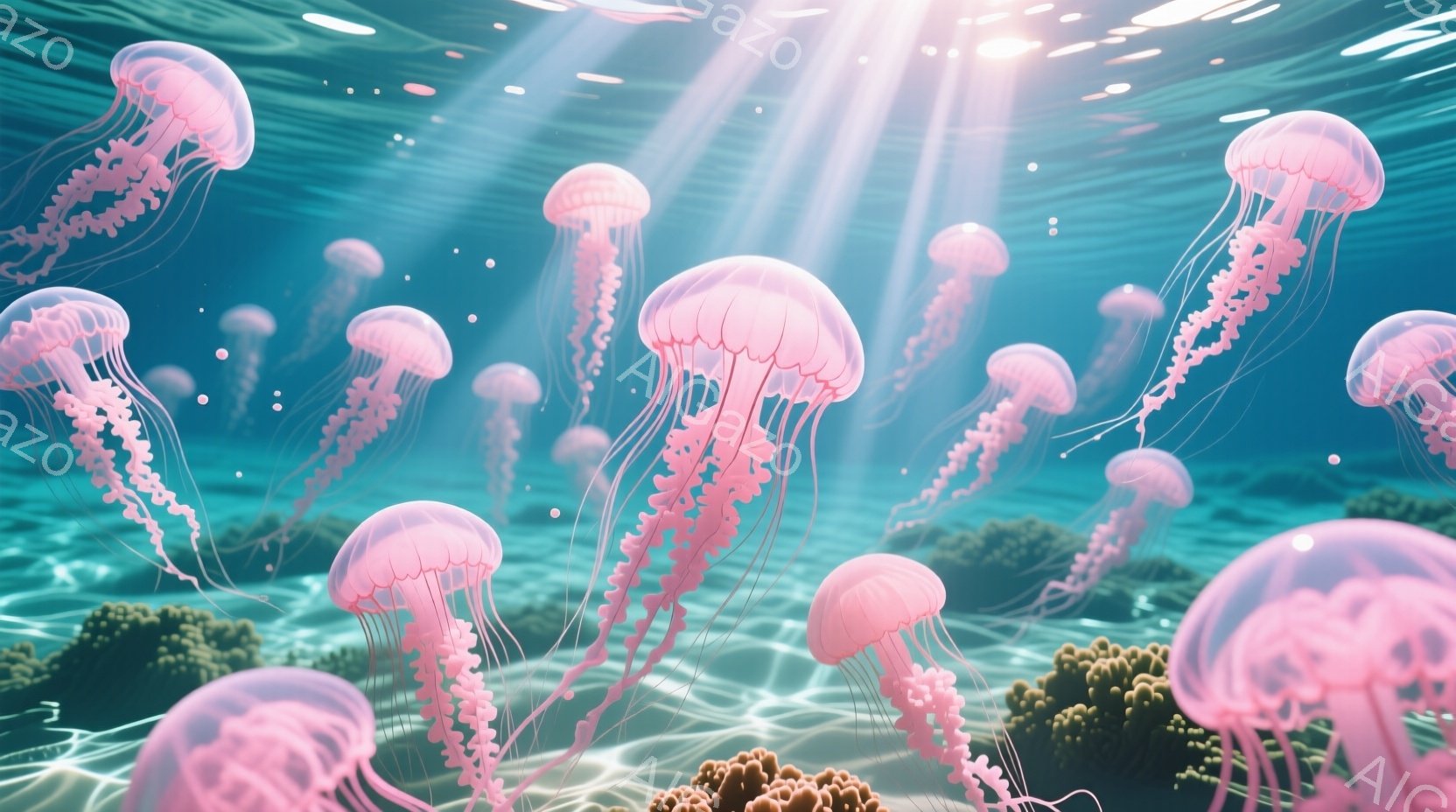 明るい水中に、多数のピンク色のクラゲが漂っている様子が描かれている。クラゲは繊細な触手を長く伸ばし、水中の光を受けてキラキラと輝いている。背景には緑色の海藻やサンゴ礁が見え、穏やかで幻想的な雰囲気を醸し出している。