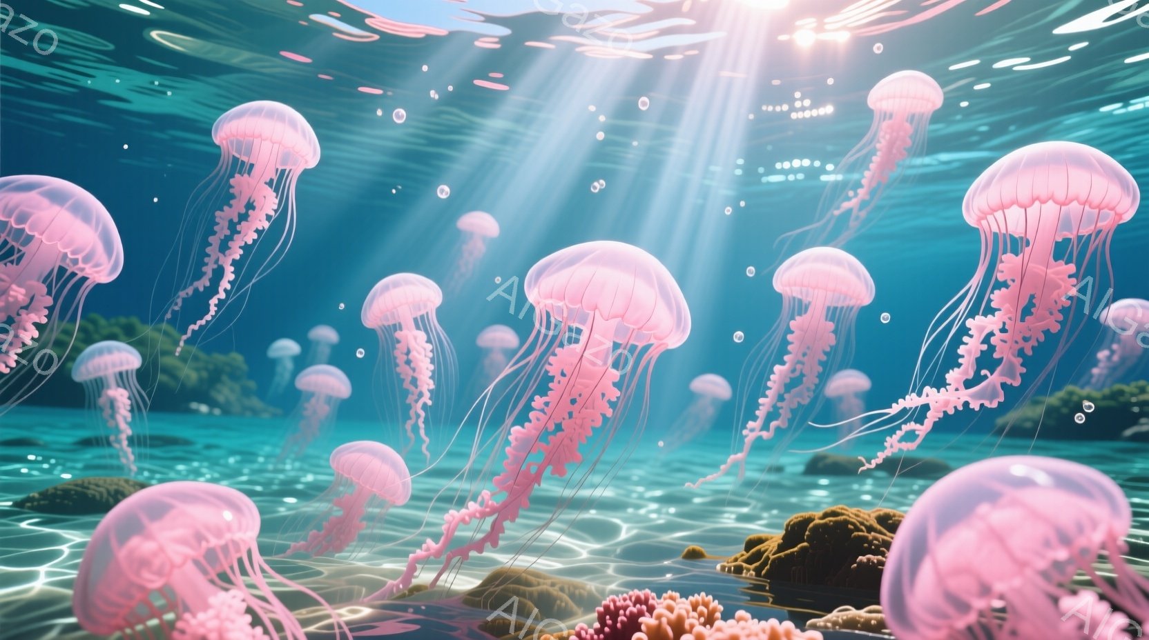 鮮やかなピンク色のクラゲが多数、海底を漂っている様子が描かれている。光線が水面から差し込み、水中のクラゲや海底の岩場、サンゴ礁を照らし出している。全体的に幻想的で穏やかな雰囲気が漂い、神秘的な水中世界 - AI生成フリー素材